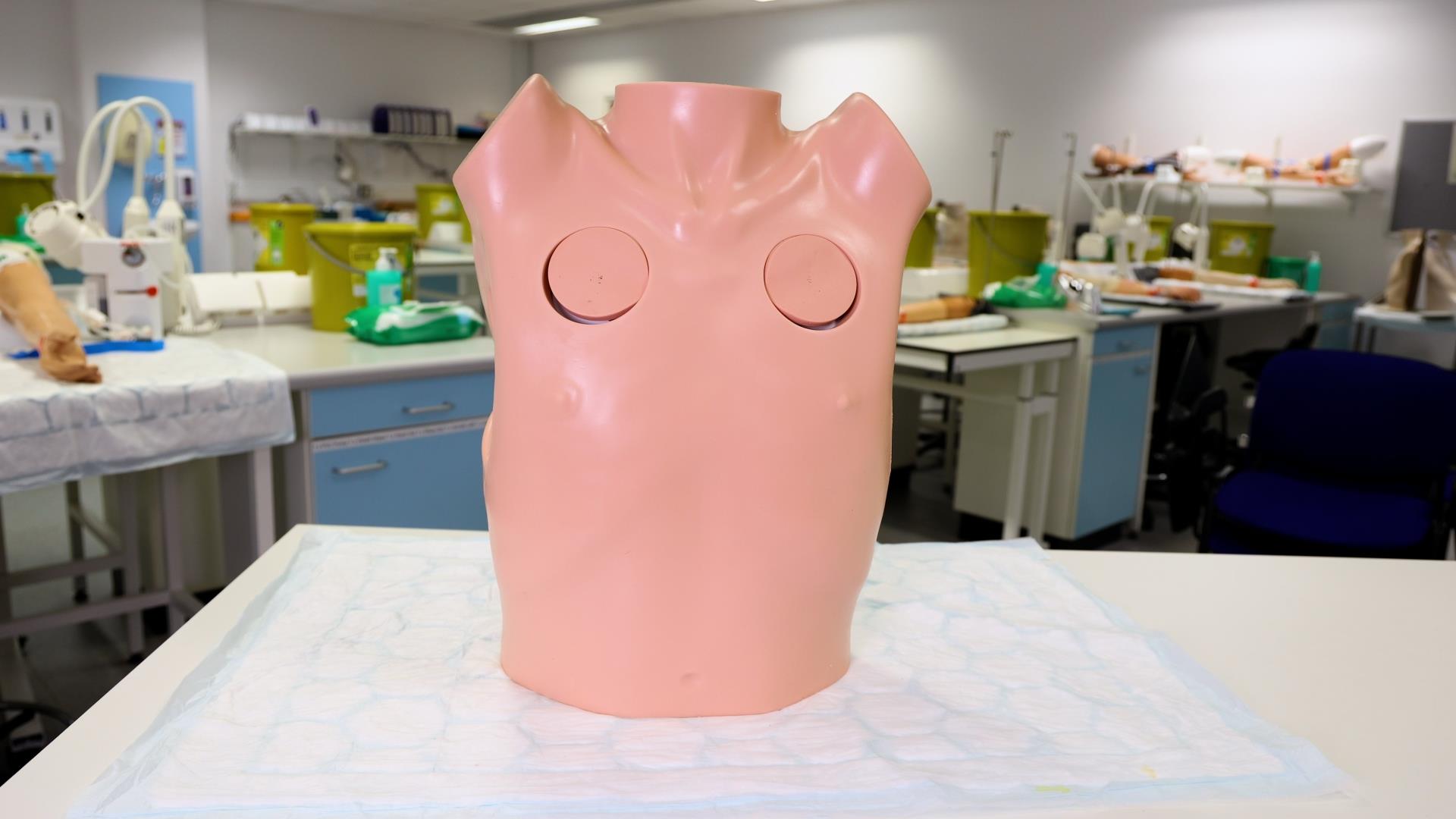 A pink mannequin torso with simulated chest drains inserted, placed in a clinical training lab setting with other medical tools visible